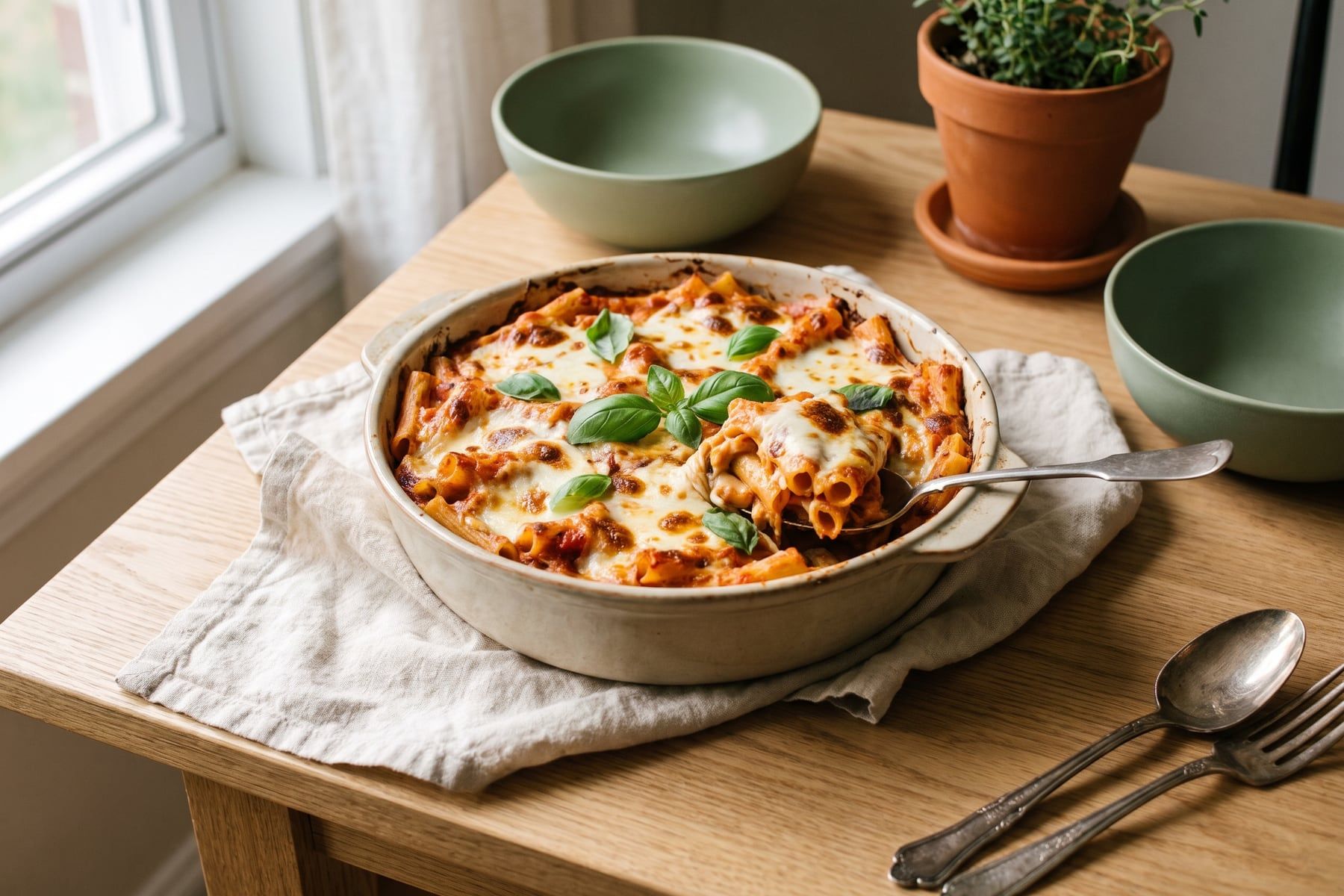 Bubbling baked ziti in a casserole dish with golden melted mozzarella and fresh basil, one serving scooped out