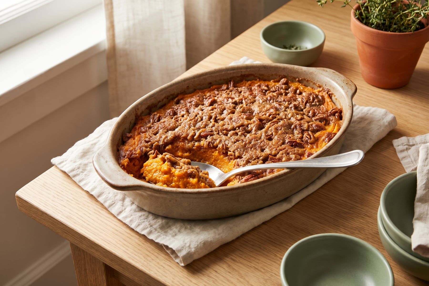 Sweet potato casserole with a crunchy brown sugar pecan topping in a baking dish with a serving spoon