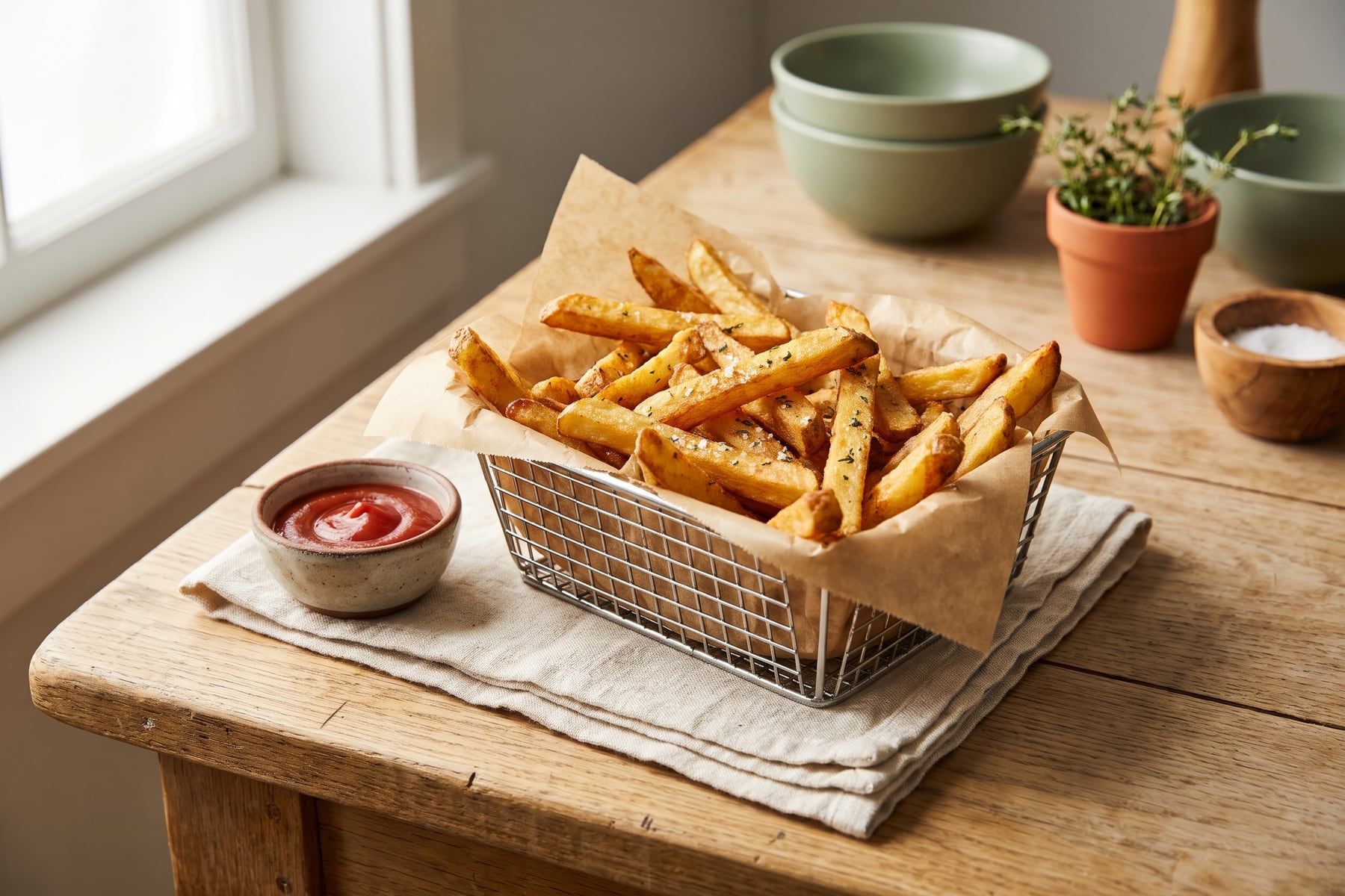 Crispy golden air fryer French fries in a paper-lined basket with a small bowl of ketchup