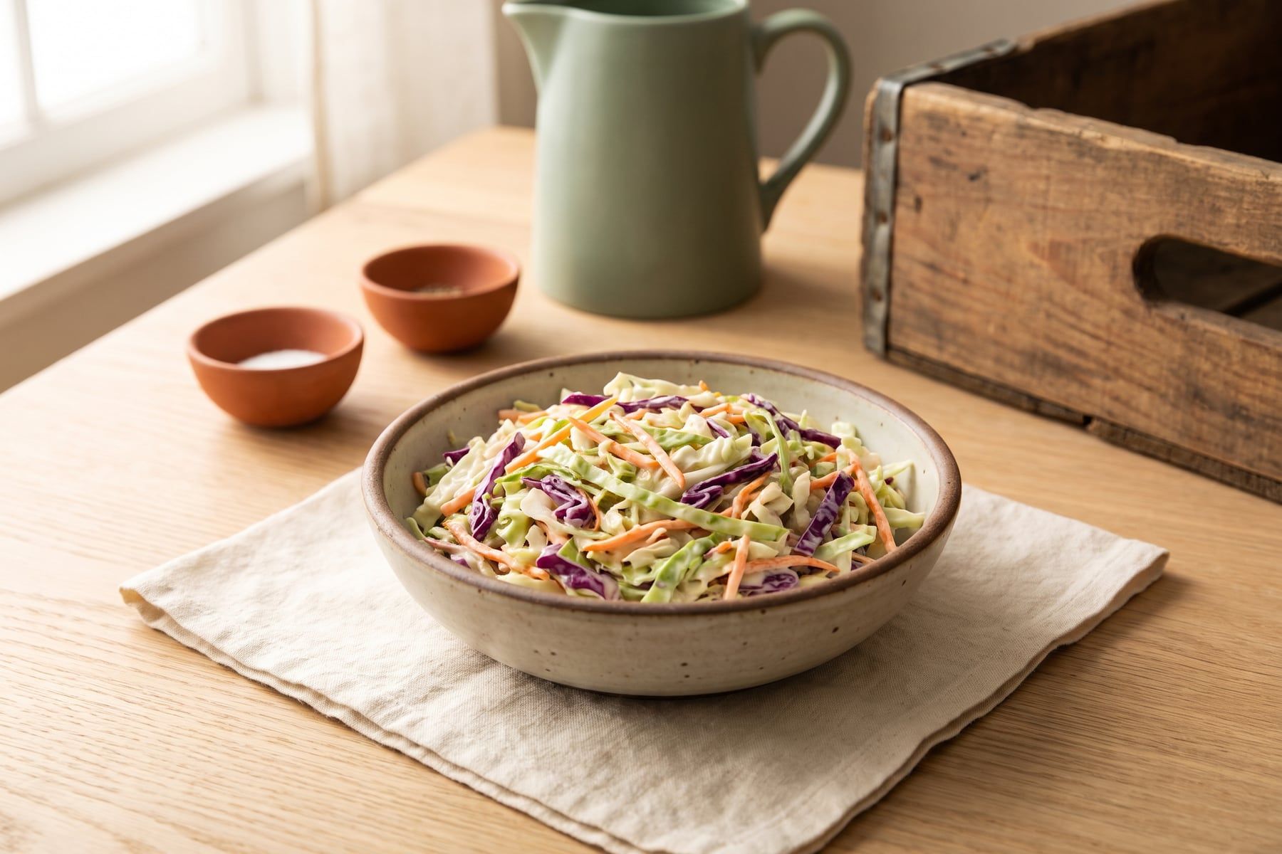 A bowl of creamy coleslaw with shredded green and purple cabbage and carrots on a picnic table