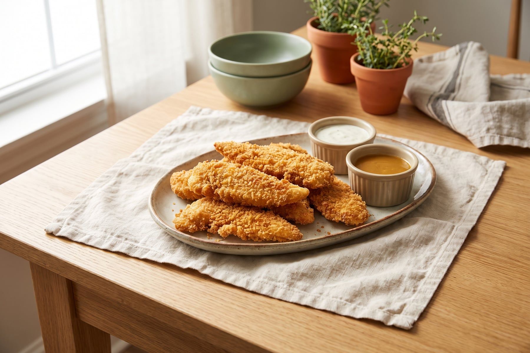 Golden crunchy breaded chicken tenders on a platter with honey mustard and ranch dipping sauces