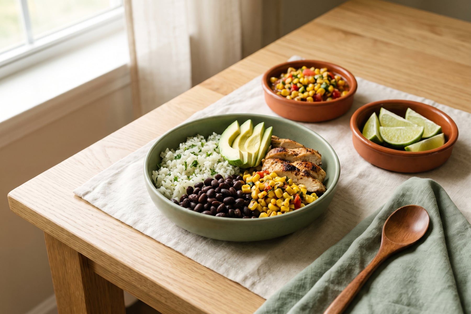 A chicken burrito bowl with cilantro lime rice, black beans, corn salsa, sliced chicken and avocado