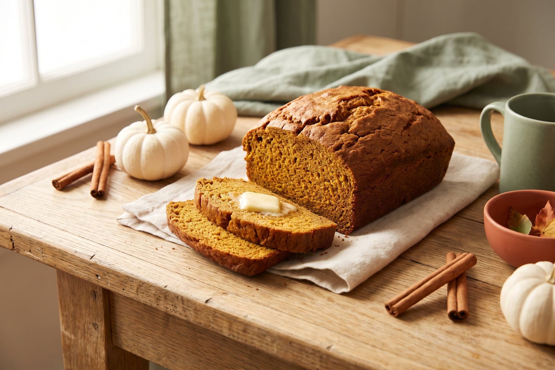 A loaf of moist pumpkin bread with thick slices cut, surrounded by small white pumpkins and cinnamon sticks