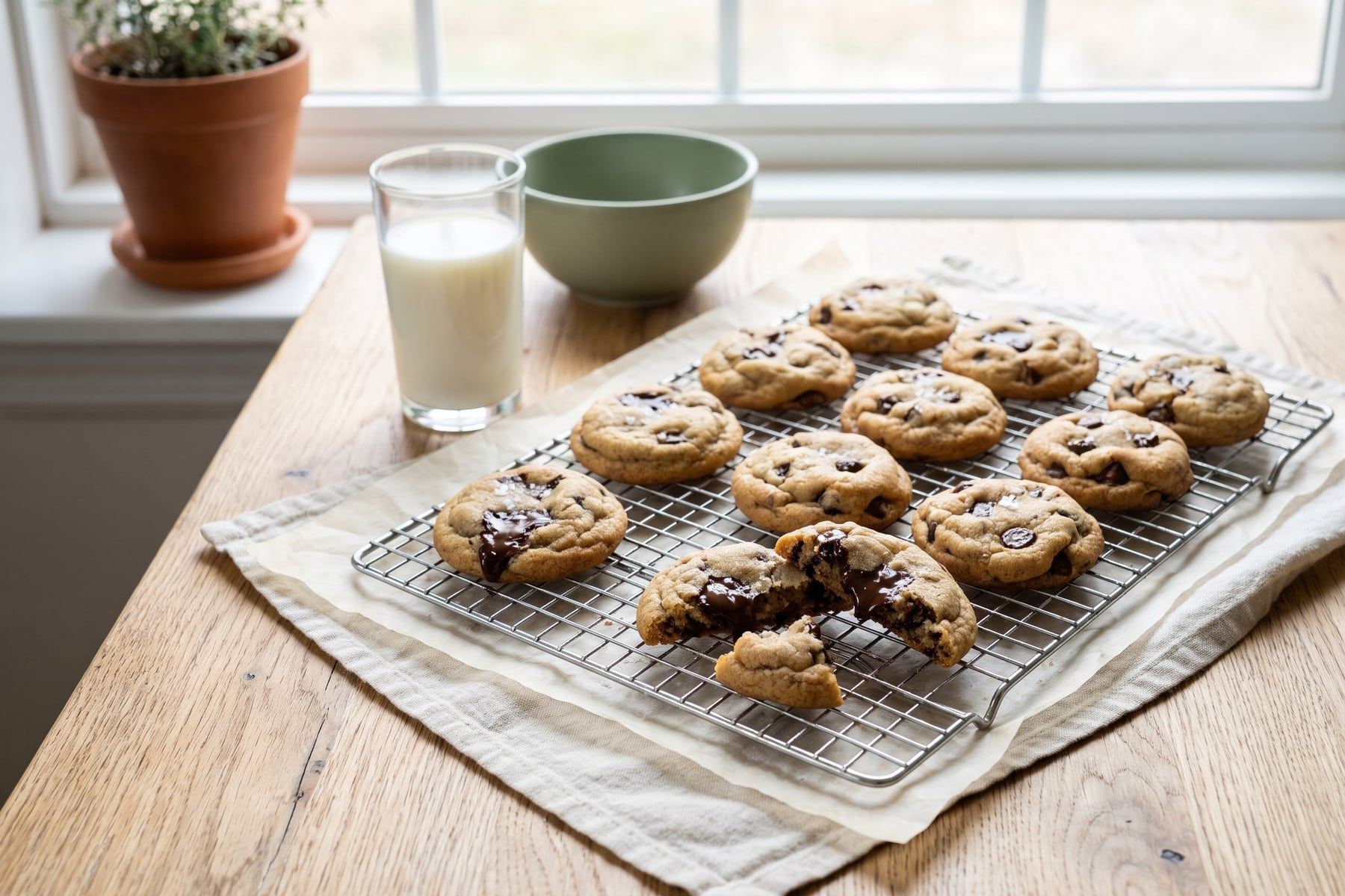 Chewy chocolate chip cookies with melty chocolate on a cooling rack next to a glass of milk