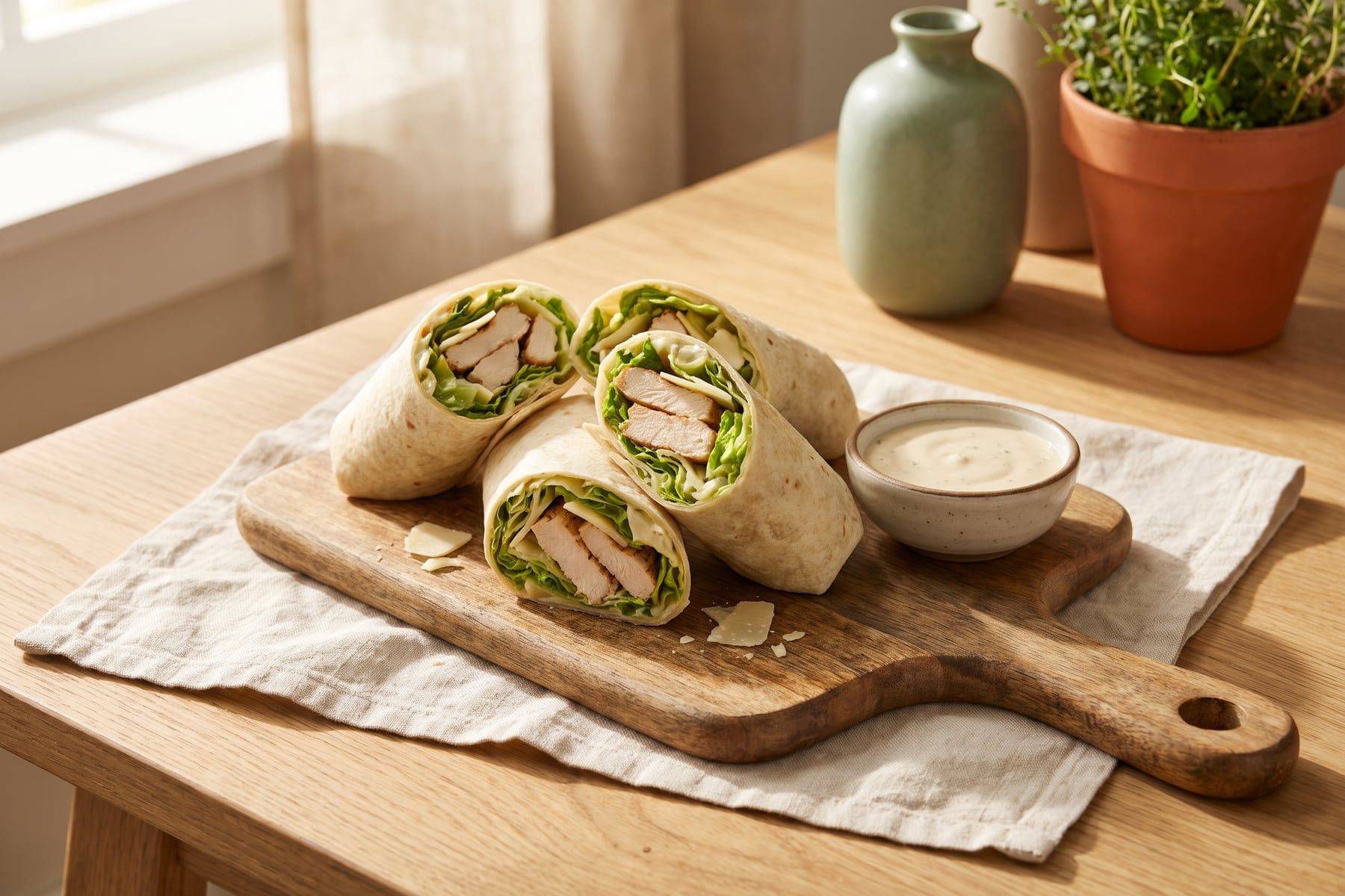 Chicken Caesar wraps cut in half showing romaine, sliced chicken and Parmesan on a wooden board with a small bowl of dressing