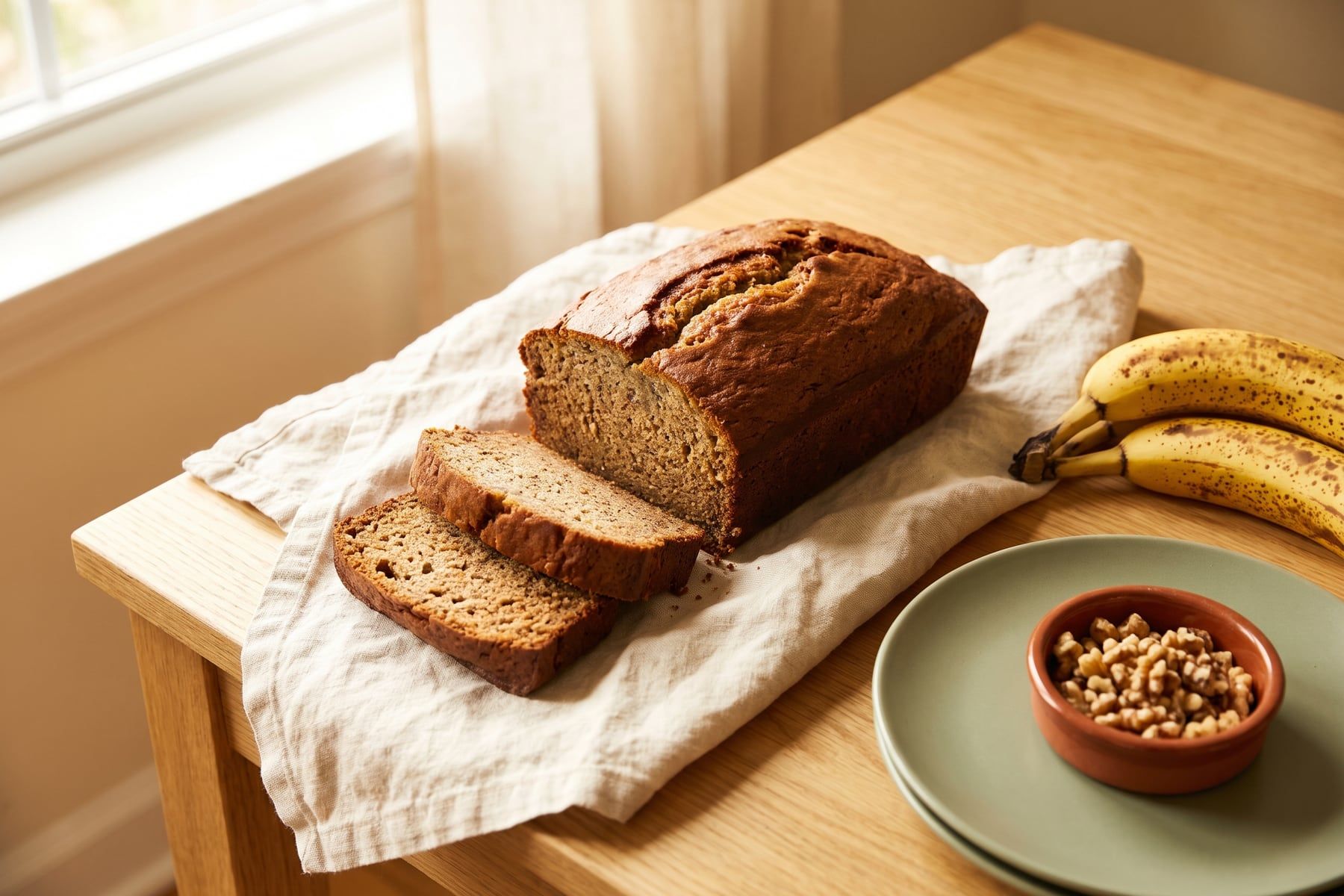 A moist loaf of classic banana bread with a split golden top, partly sliced, with ripe bananas beside it