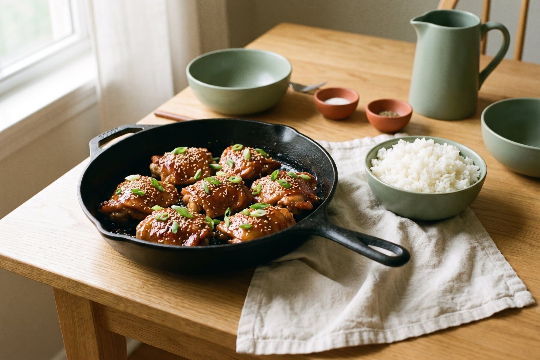 Glossy sticky honey garlic chicken thighs in a skillet topped with sesame seeds and sliced green onions