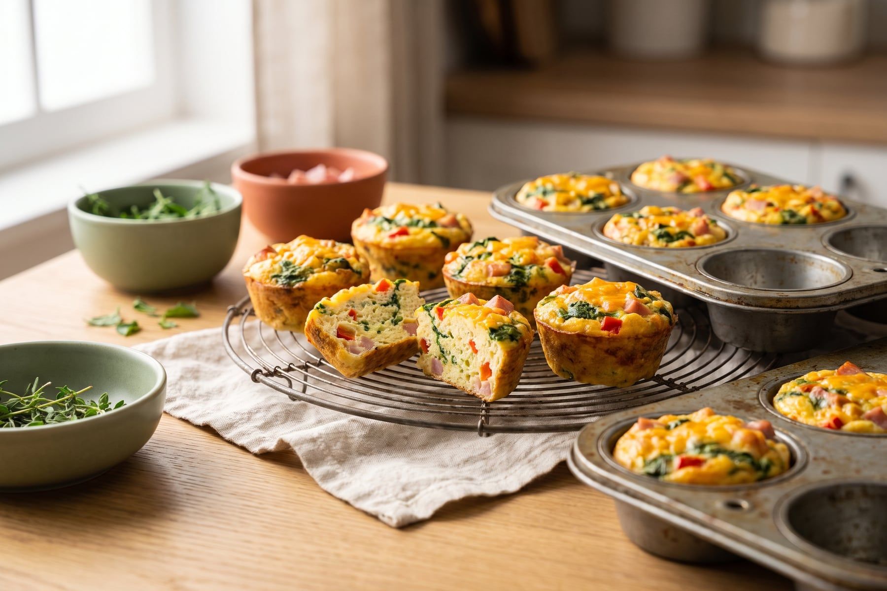 Baked egg muffin cups with spinach, red pepper, ham and cheddar on a cooling rack