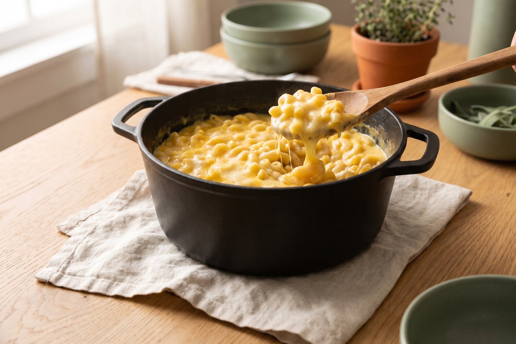 Creamy stovetop macaroni and cheese in a pot with a wooden spoon lifting a cheesy scoop