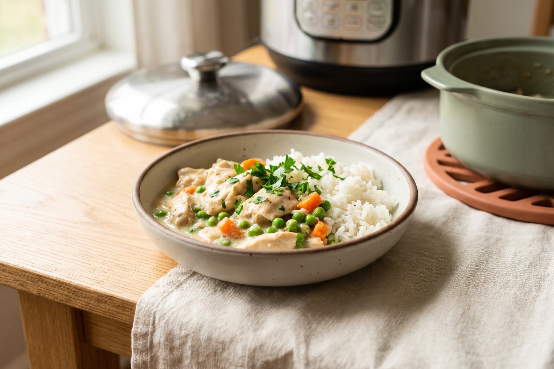 Creamy chicken and rice with peas and carrots in a shallow bowl with a pressure cooker blurred in the background