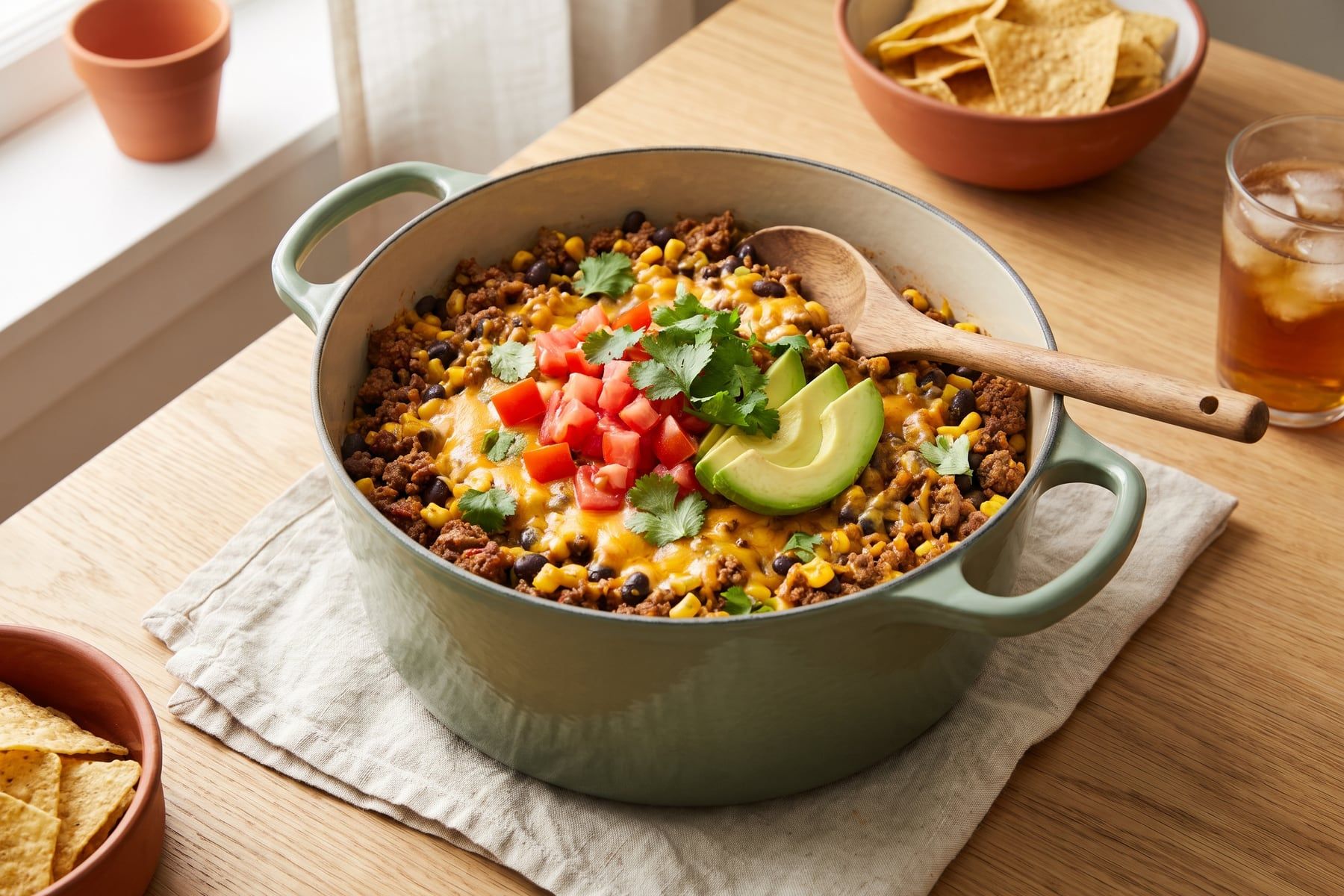 Cheesy taco rice with beef, black beans and corn in a sage green Dutch oven topped with avocado and tomato