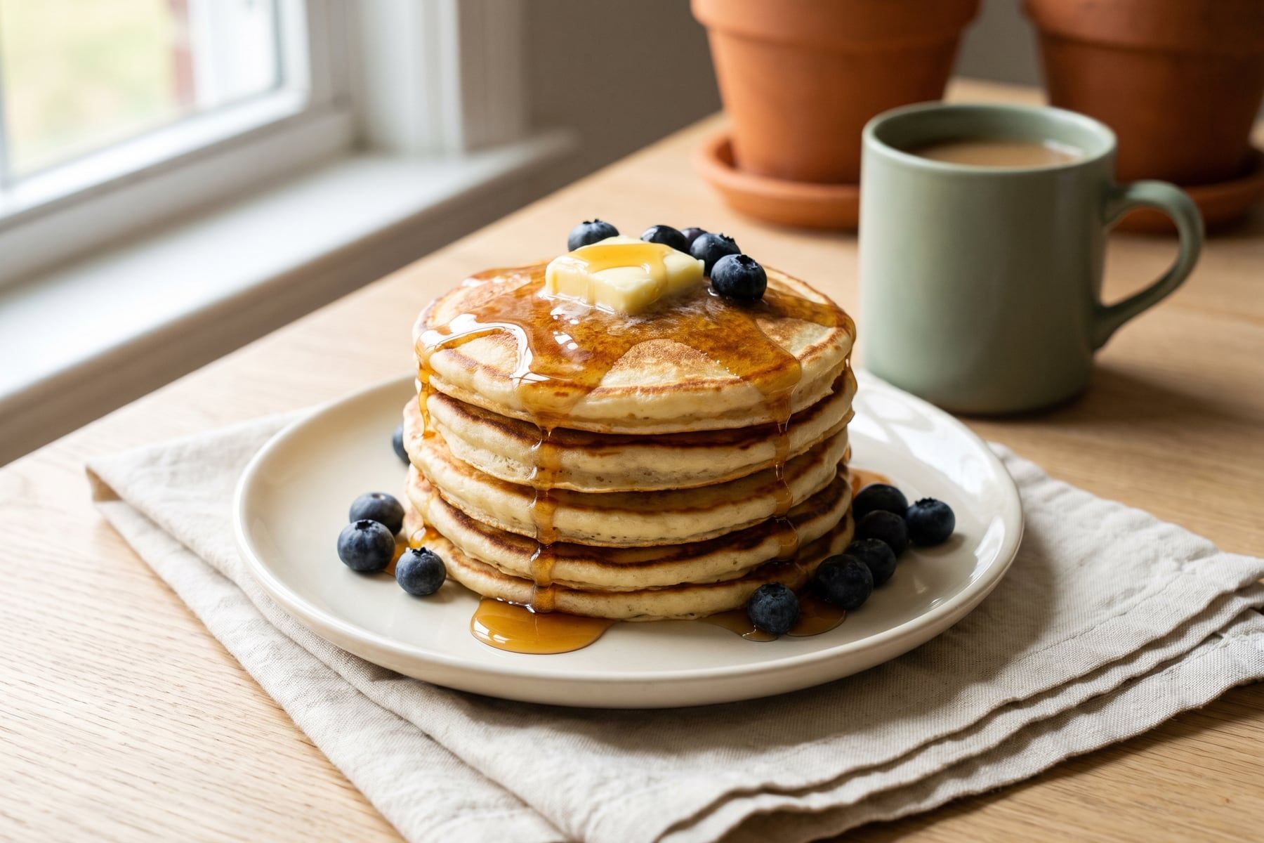 A tall stack of fluffy buttermilk pancakes with butter, maple syrup and blueberries