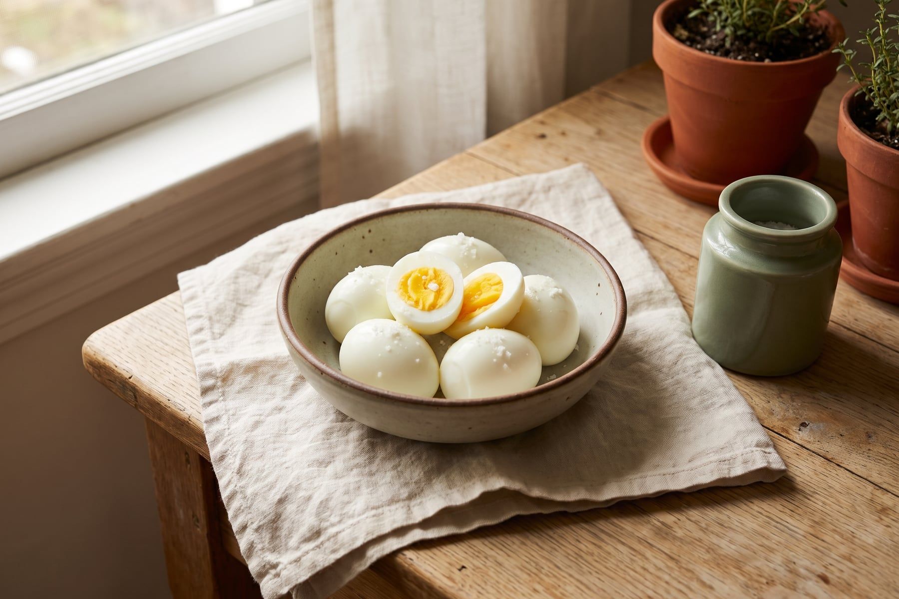 A bowl of peeled hard-boiled eggs with several halved to show bright yellow yolks, sprinkled with flaky salt