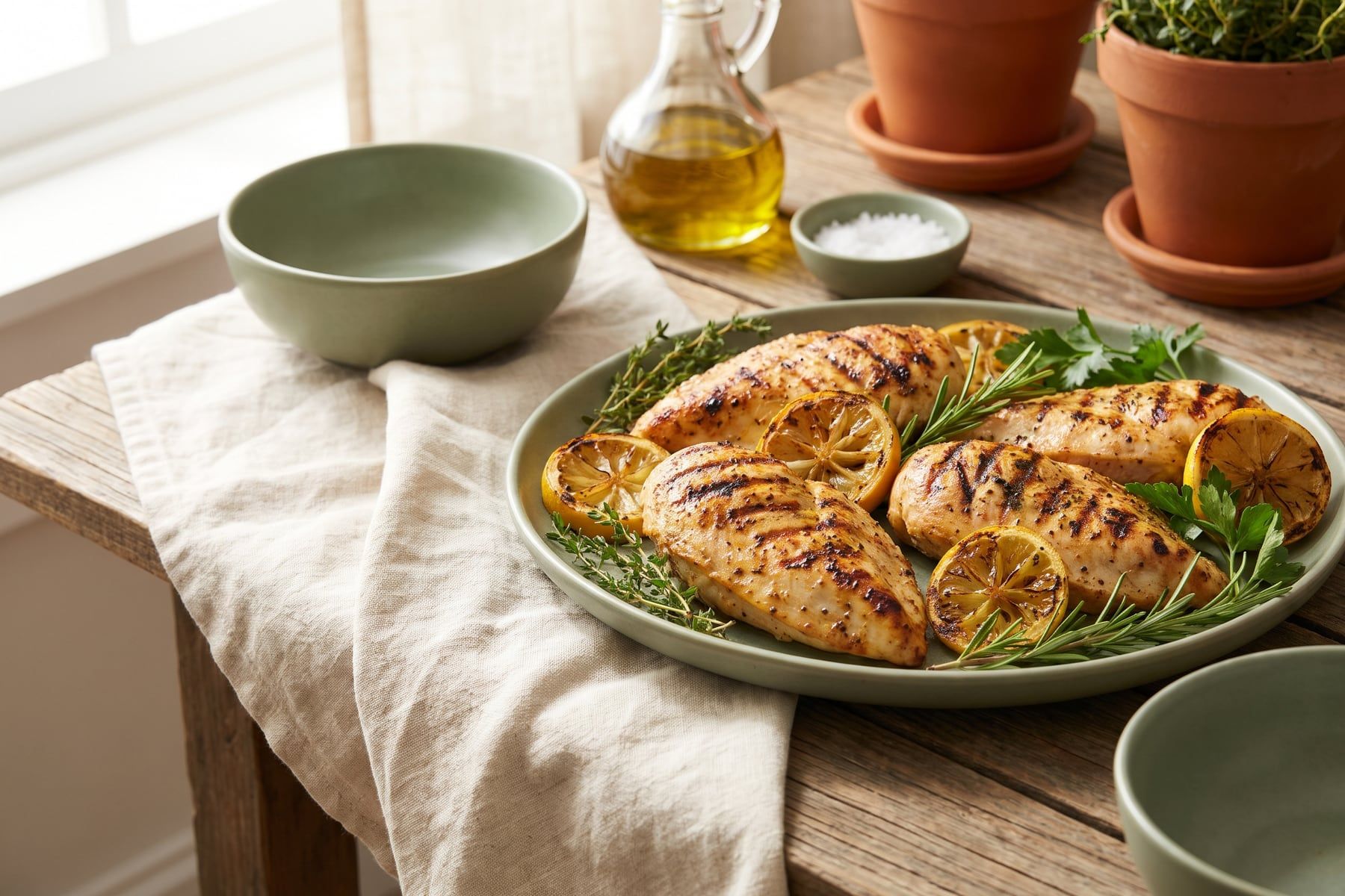 Grilled chicken breasts with char marks on a platter with lemon slices and fresh herbs at an outdoor summer table