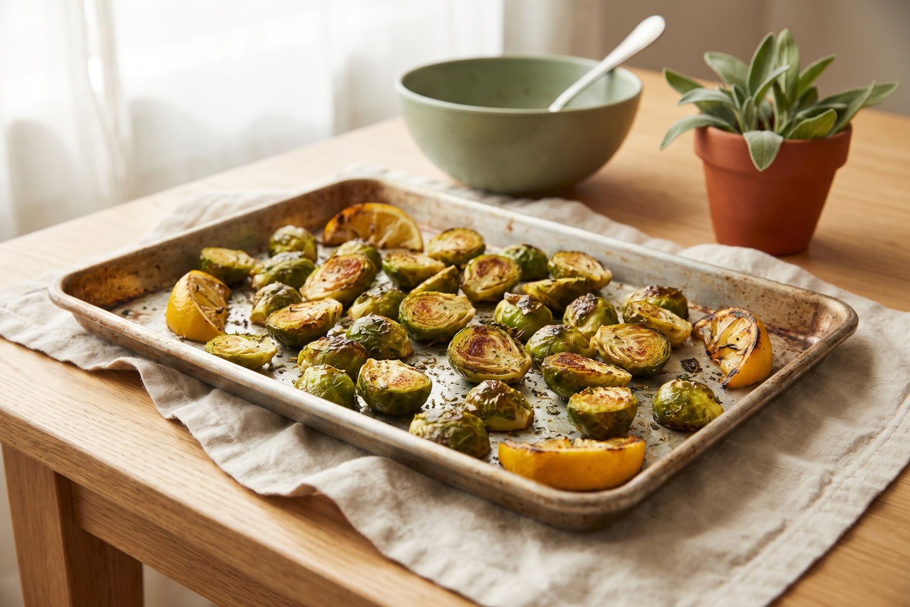Caramelized crispy halved roasted Brussels sprouts on a sheet pan with lemon halves