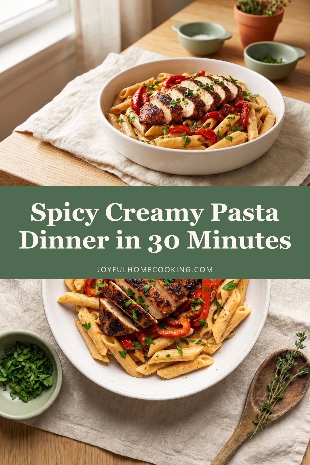 Two photos of Cajun chicken pasta with recipe title