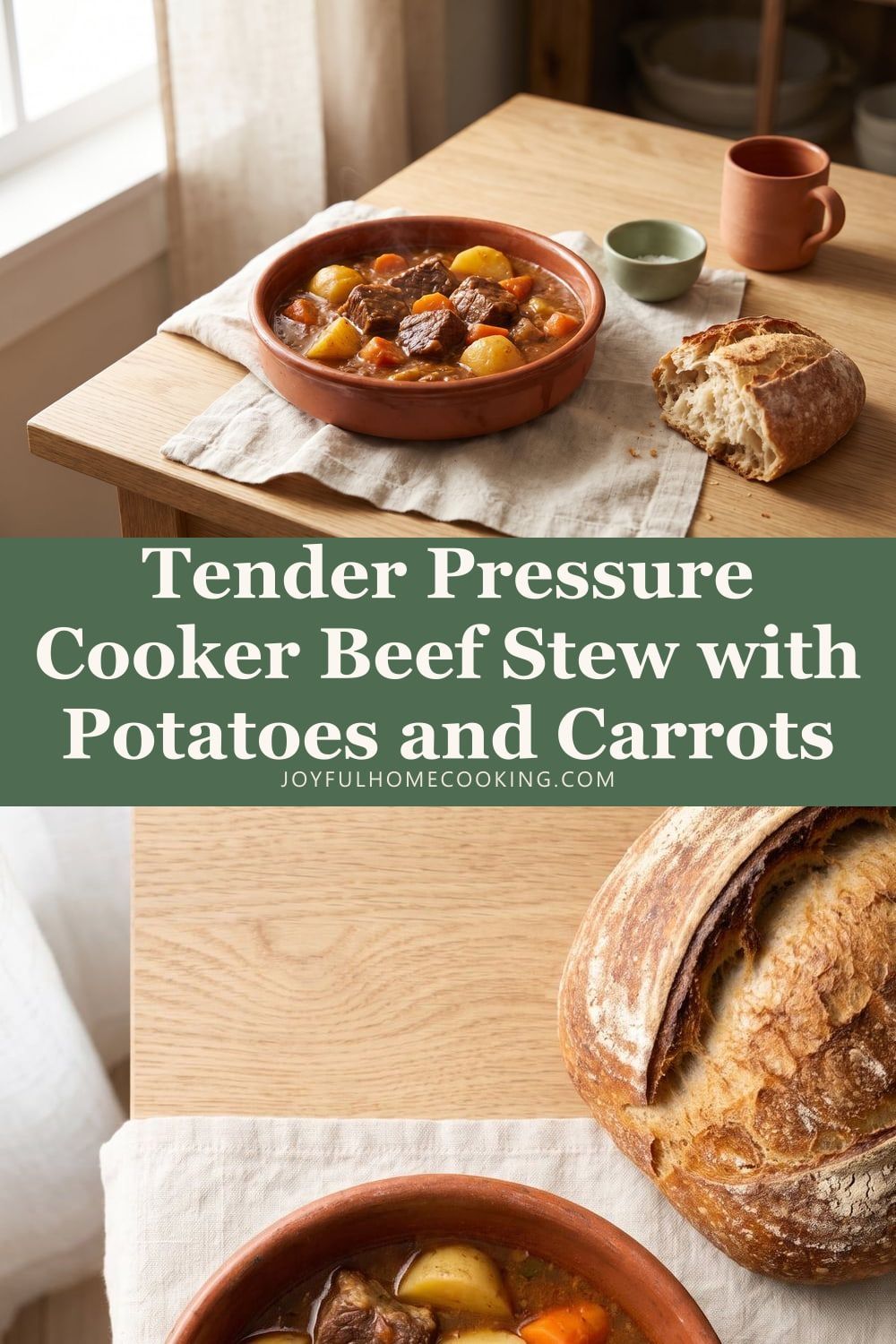 Two photos of Instant Pot beef stew with recipe title
