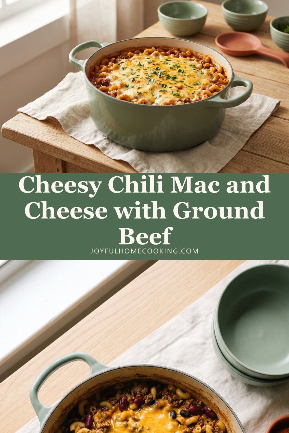 Two photos of one pot chili mac with recipe title