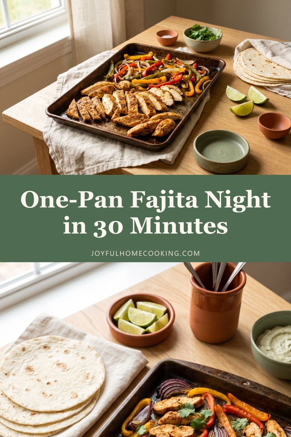 Two photos of sheet pan chicken fajitas with recipe title