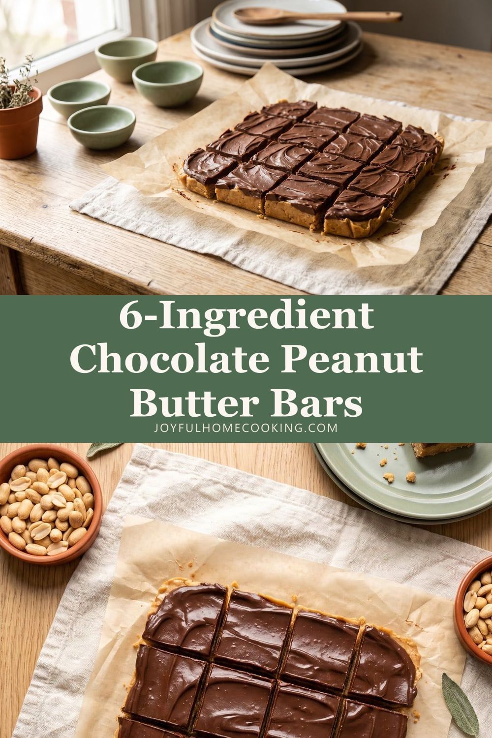 Two photos of peanut butter bars with recipe title