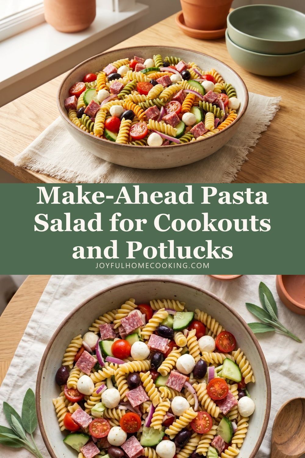 Two photos of Italian pasta salad with recipe title