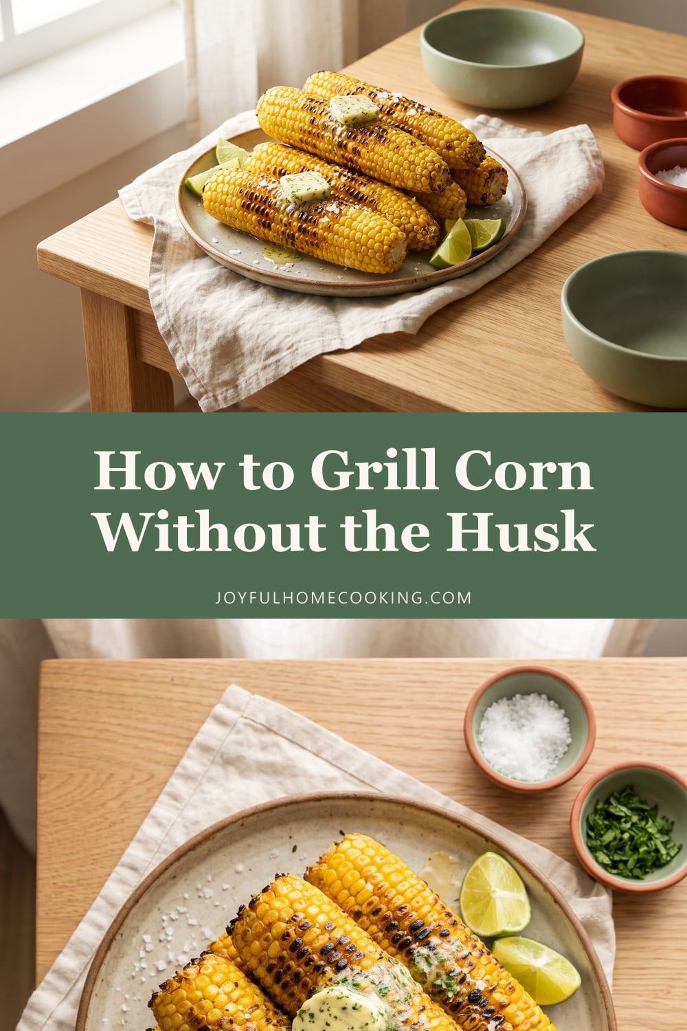 Two photos of grilled corn on the cob with recipe title