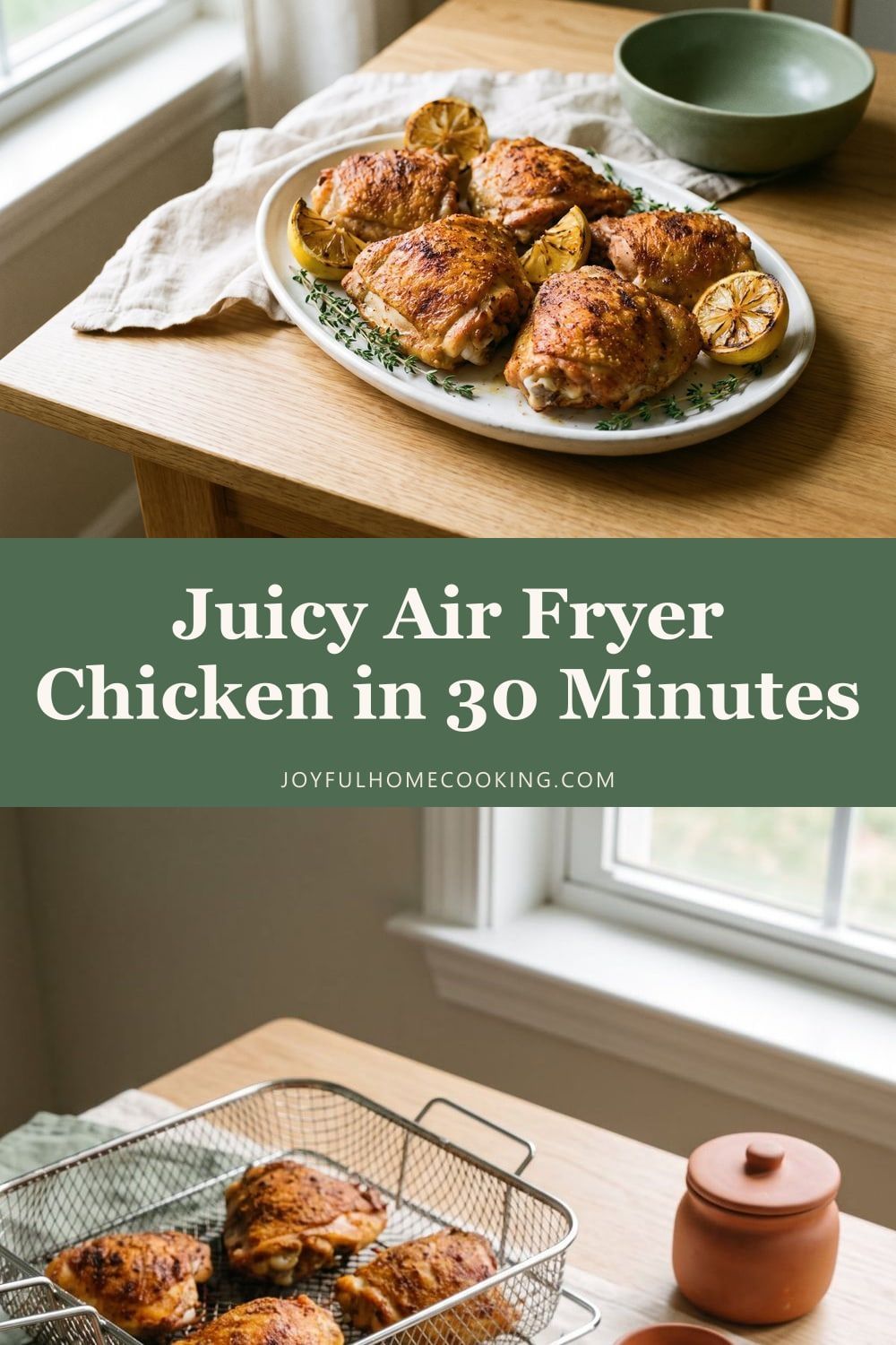 Two photos of crispy air fryer chicken thighs with recipe title