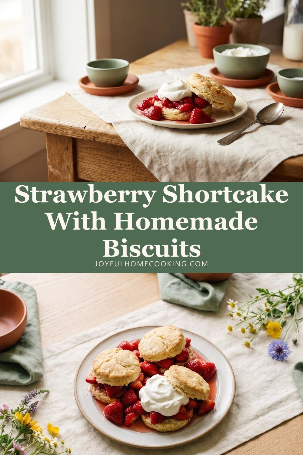 Two photos of strawberry shortcake with recipe title
