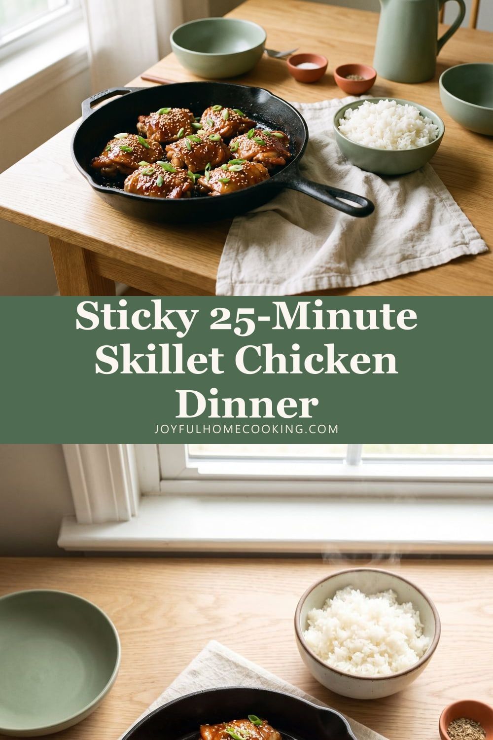 Two photos of honey garlic chicken thighs with recipe title