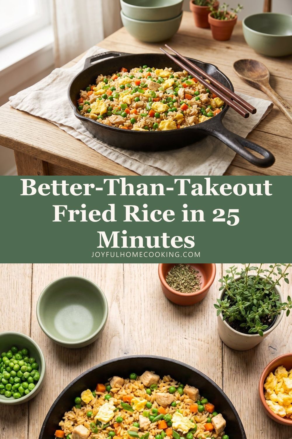Two photos of chicken fried rice with recipe title