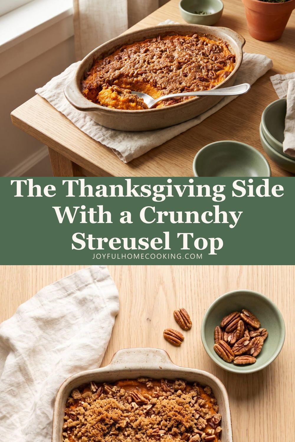 Two photos of sweet potato casserole with recipe title