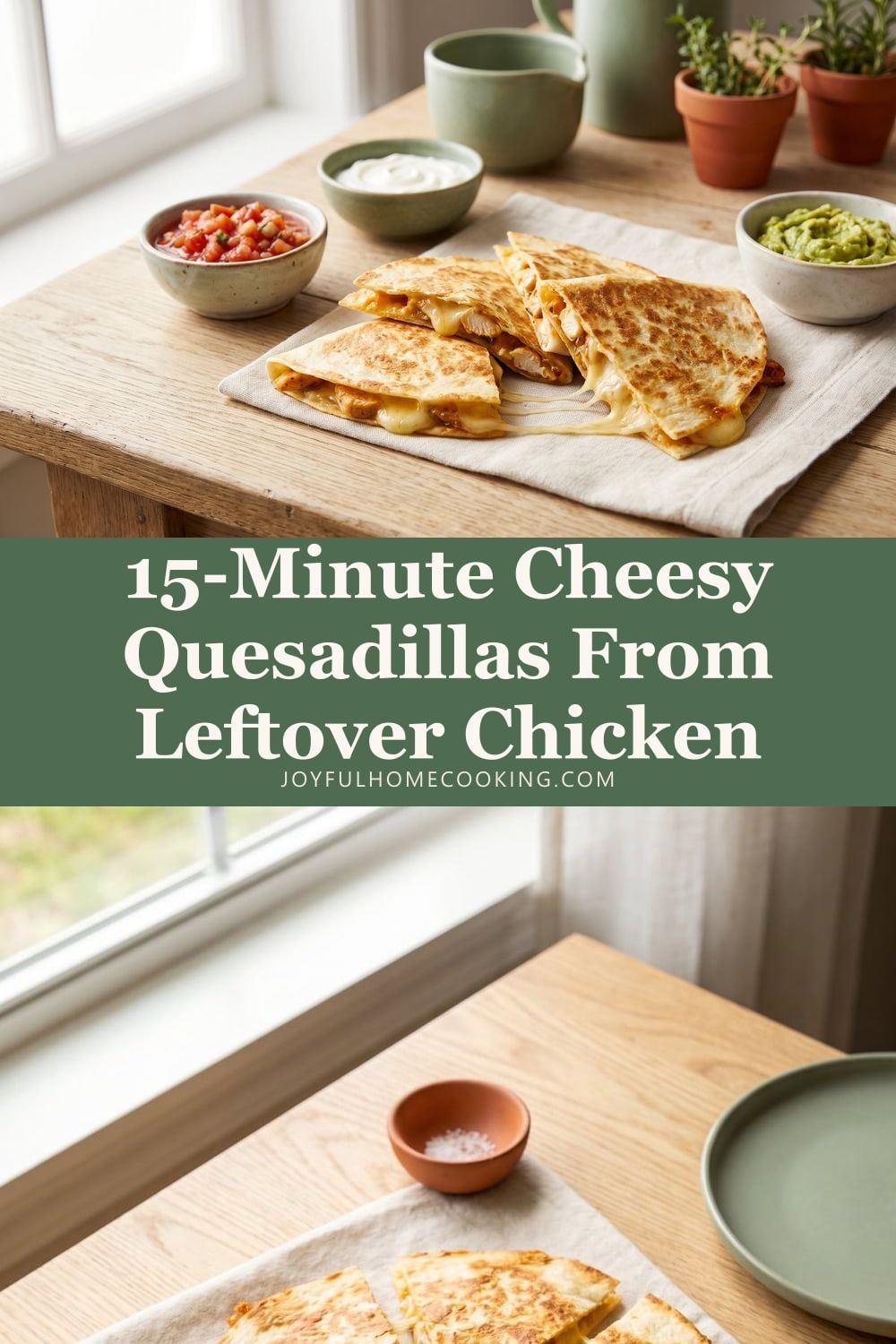 Two photos of chicken quesadillas with recipe title