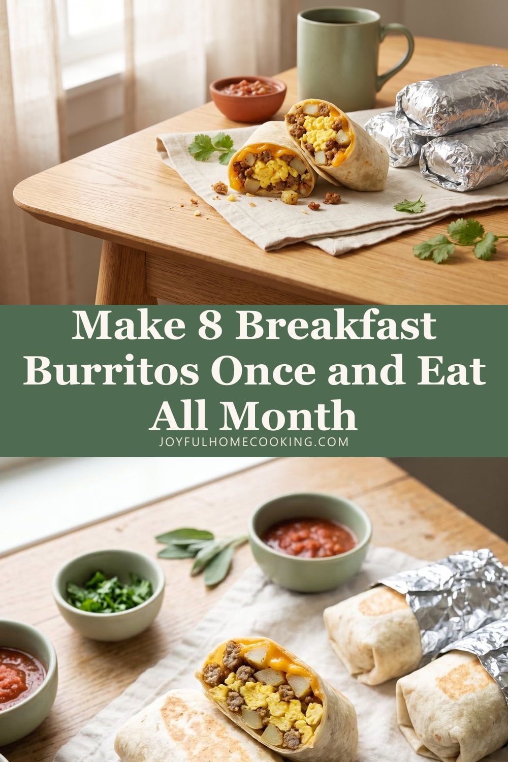 Two photos of freezer breakfast burritos with recipe title