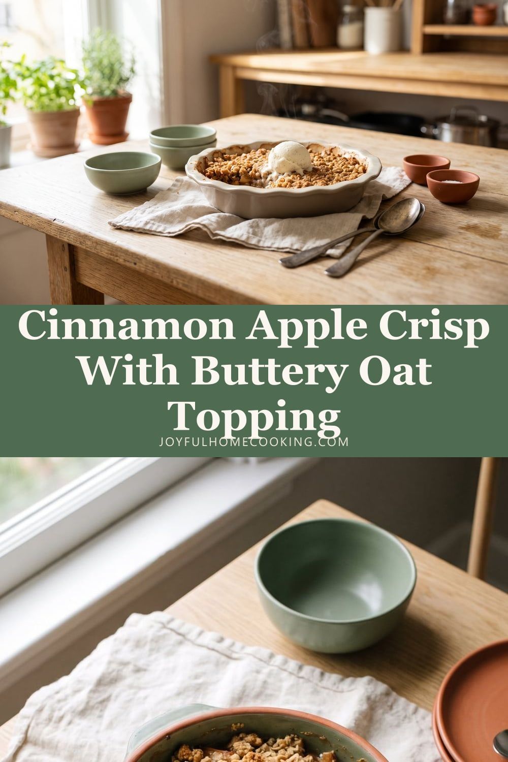 Two photos of apple crisp with recipe title