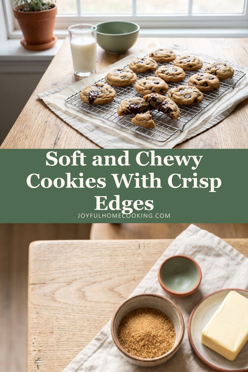 Two photos of chocolate chip cookies with recipe title