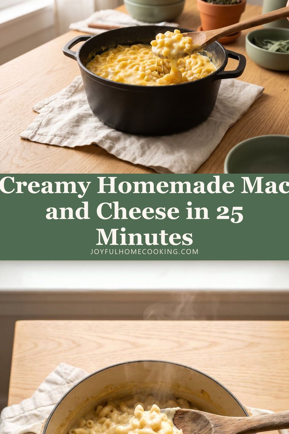 Two photos of stovetop mac and cheese with recipe title