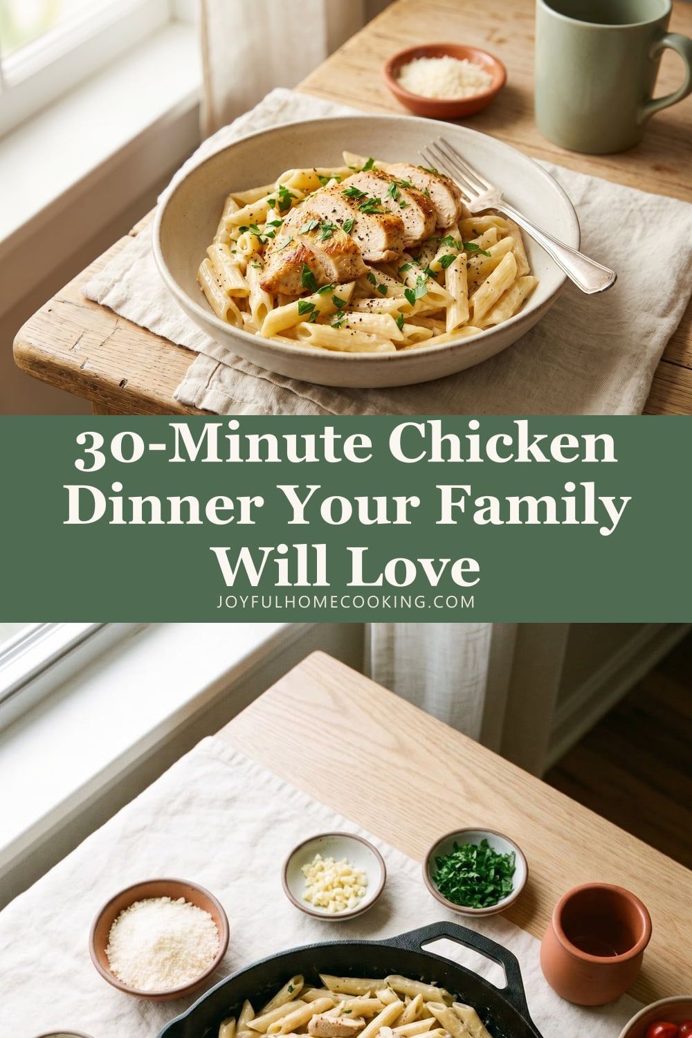 Two photos of creamy garlic chicken pasta with recipe title