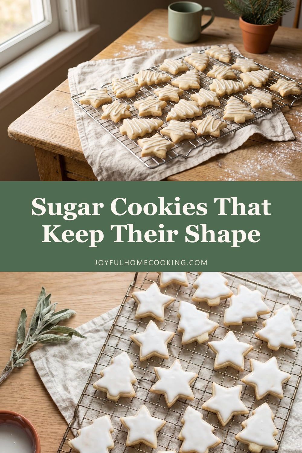 Two photos of iced sugar cookies with recipe title
