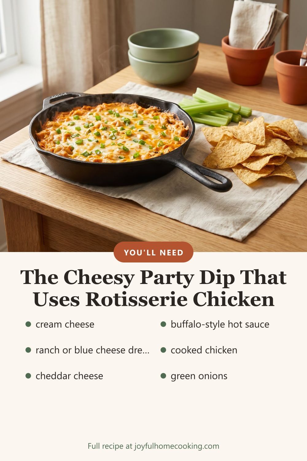 Buffalo chicken dip with ingredients listed