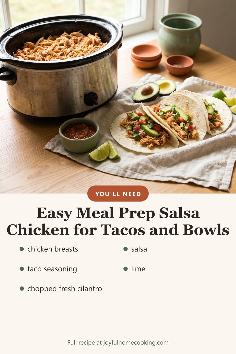 Crockpot salsa chicken with key ingredients listed
