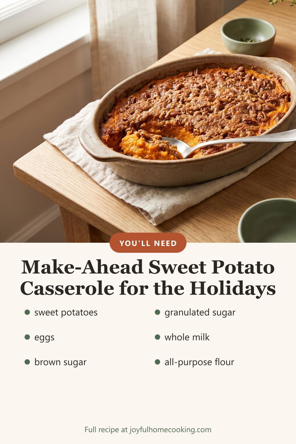Sweet potato casserole with key ingredients listed