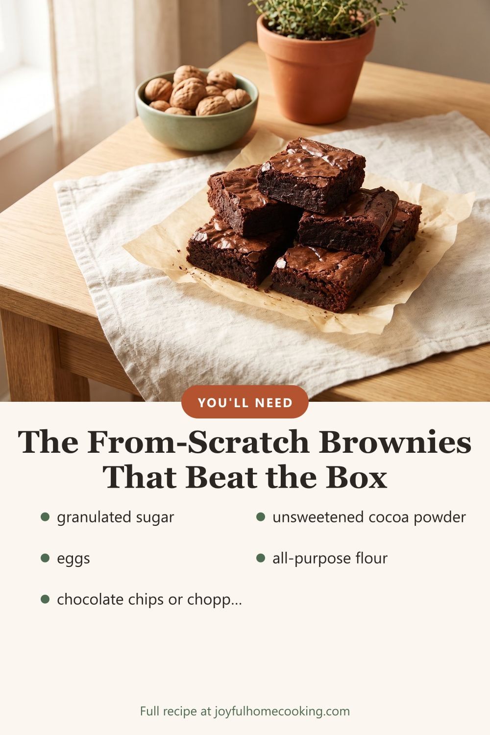 Fudgy brownies with ingredients listed