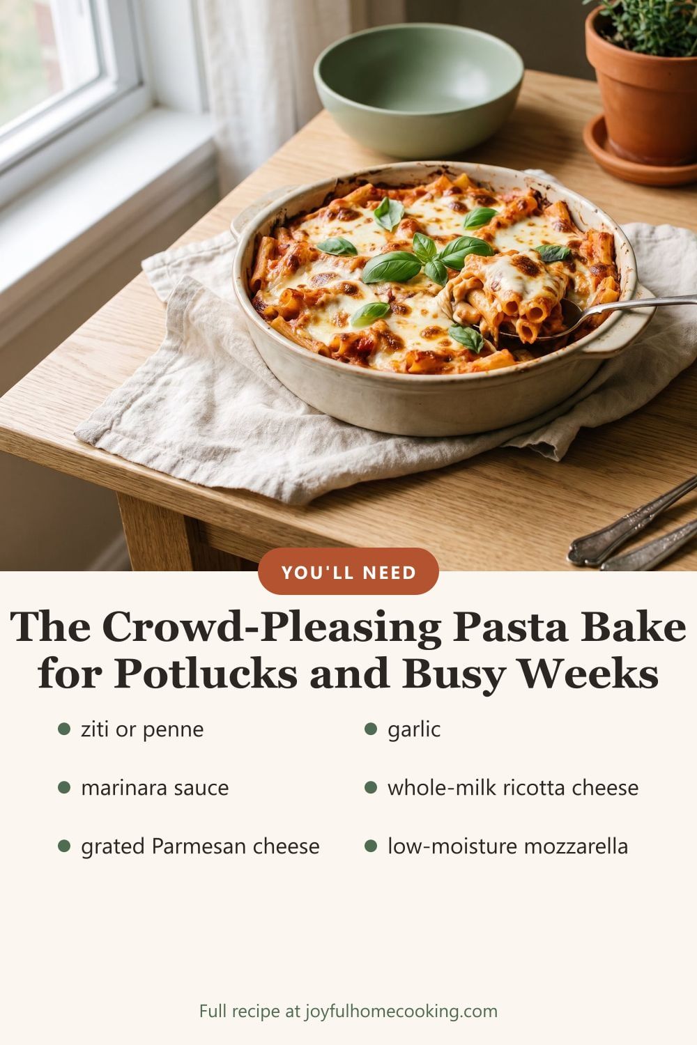 Easy baked ziti with key ingredients listed
