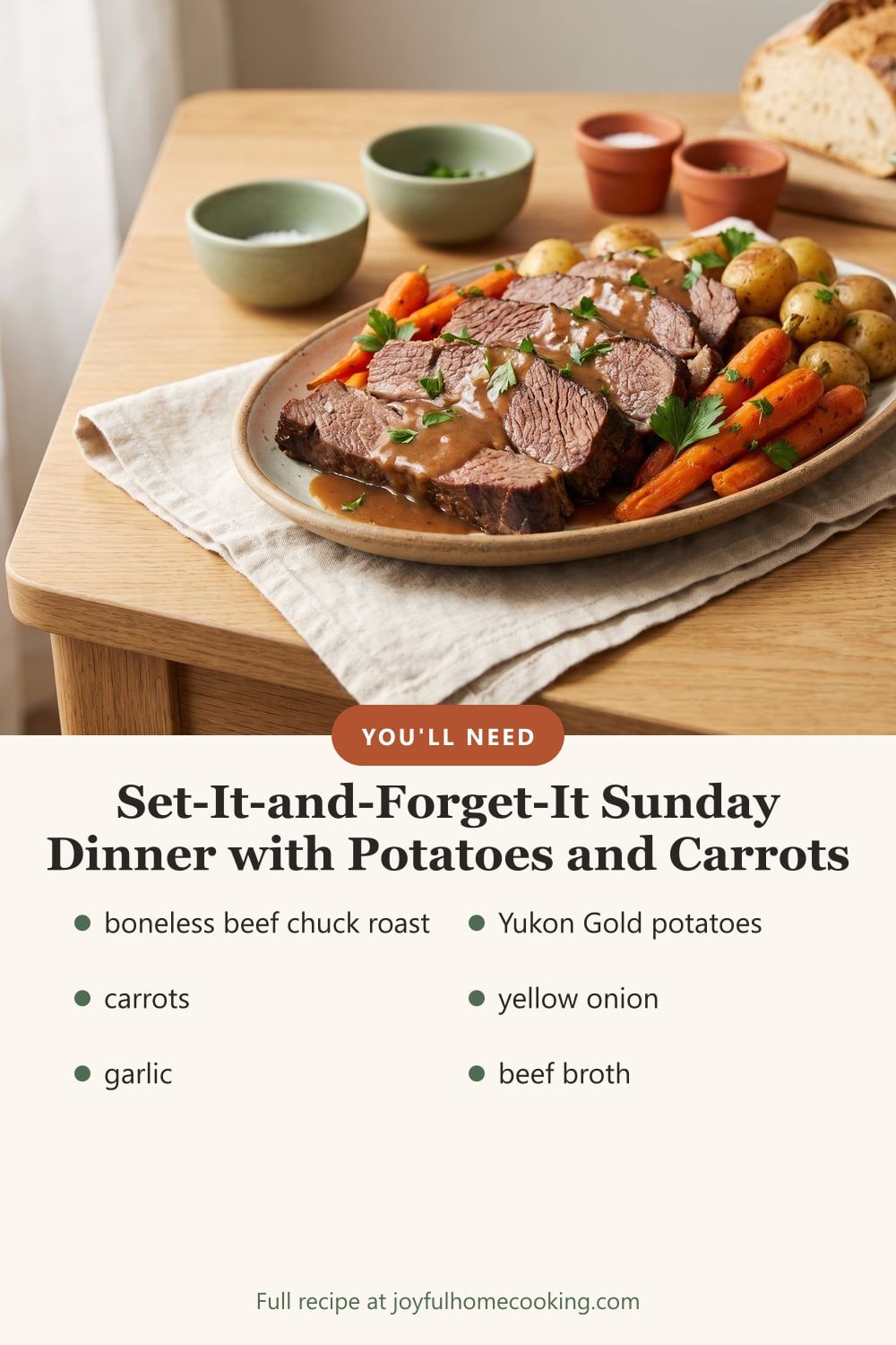 Slow cooker pot roast with key ingredients listed