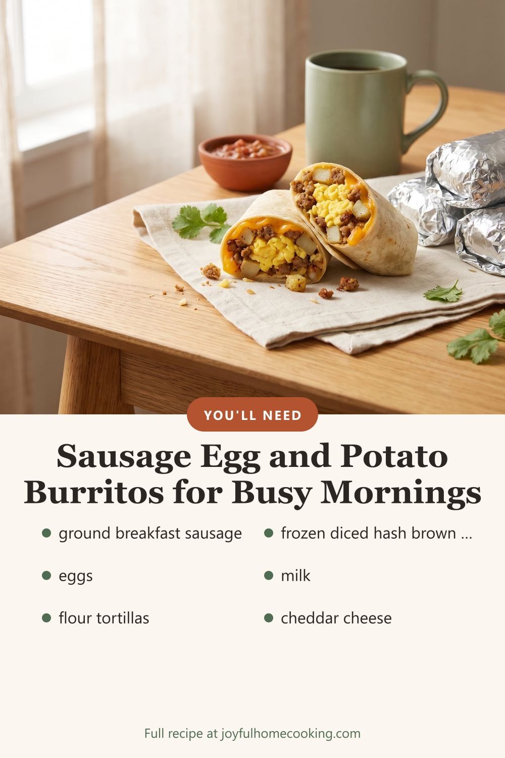 Freezer breakfast burritos with key ingredients listed