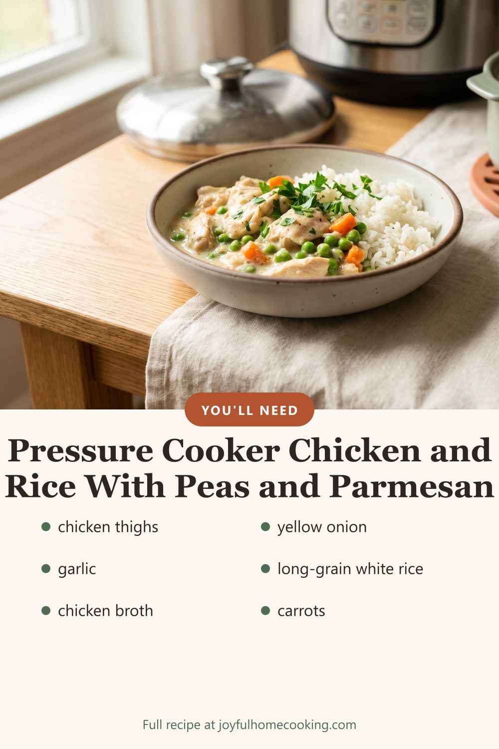 Instant Pot chicken and rice with key ingredients listed