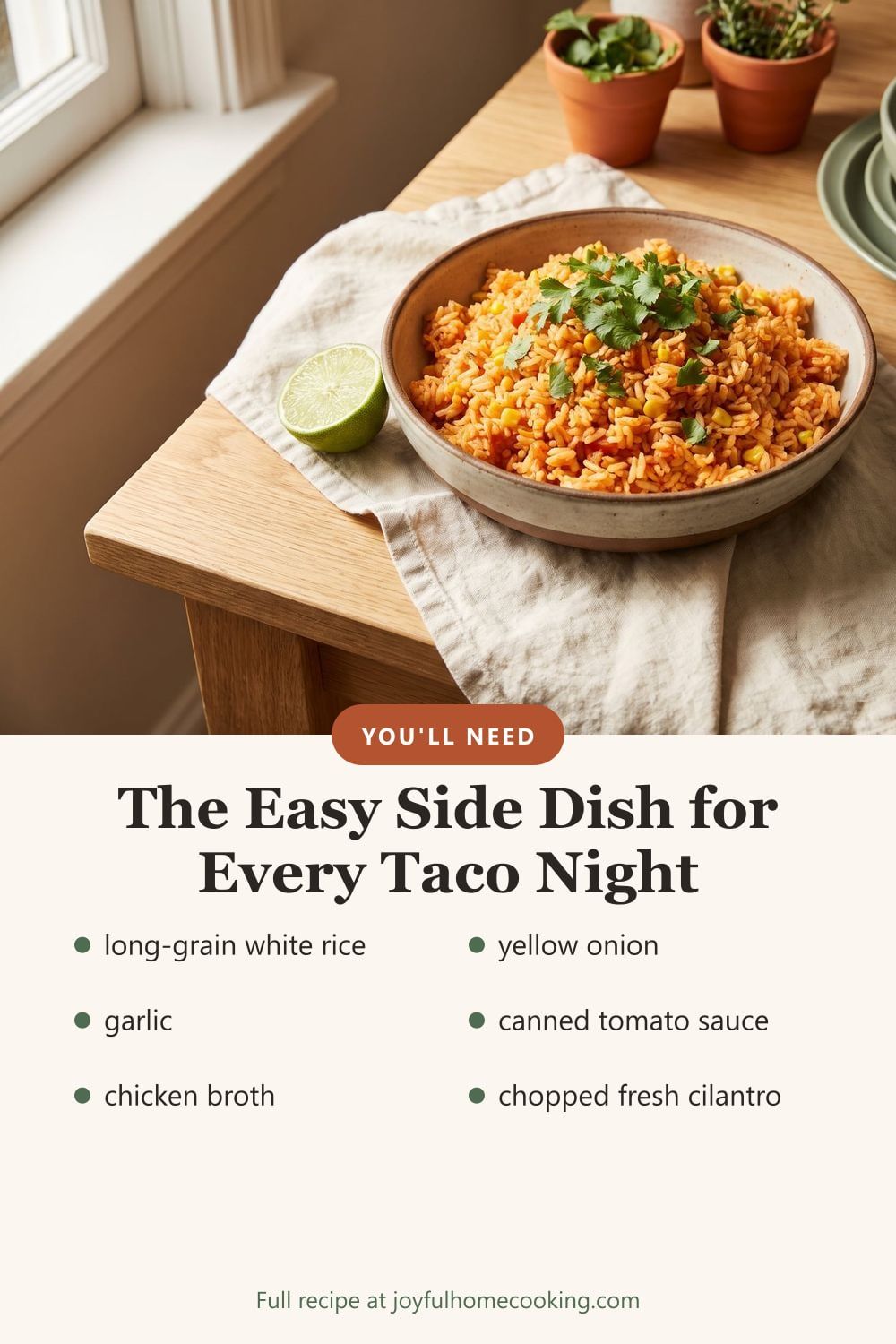 Mexican rice with key ingredients listed