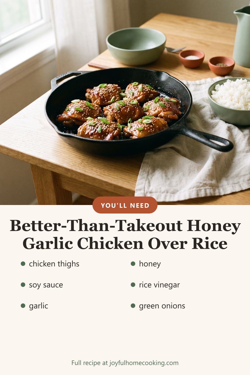 Honey garlic chicken thighs with key ingredients listed