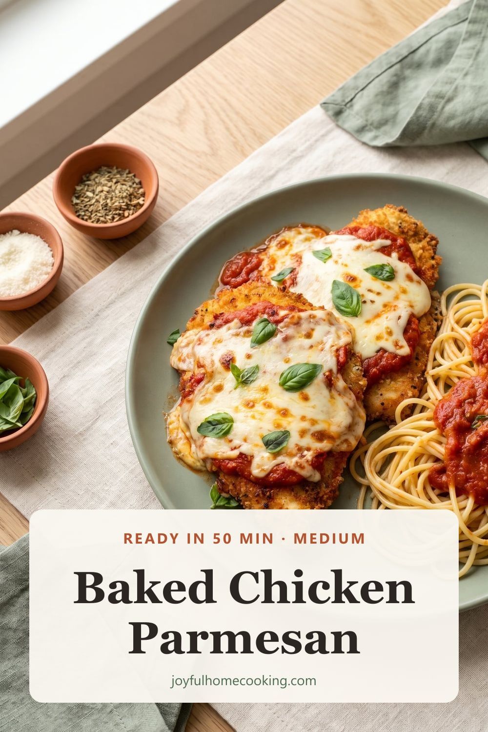 Baked chicken Parmesan with melted mozzarella Pinterest image