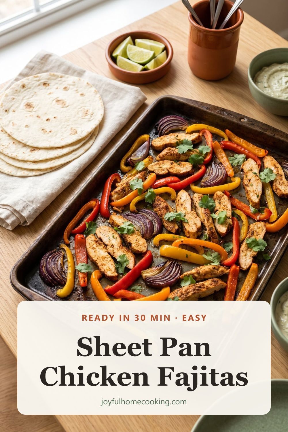 Sheet pan chicken fajitas with colorful peppers Pinterest image